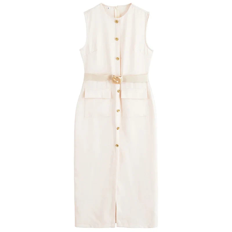 Elegant Black Long Summer Dress with Sleeveless Design, Button-Up Front, Belted Waist, Perfect for Evening and Casual Occasions