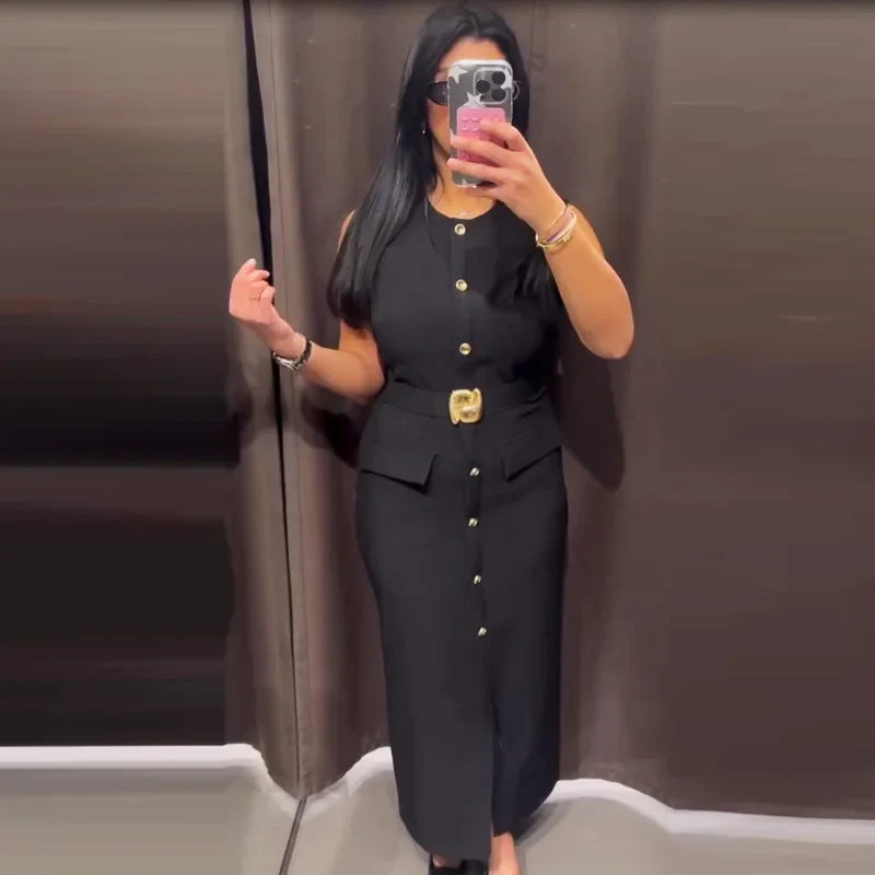 Elegant Black Long Summer Dress with Sleeveless Design, Button-Up Front, Belted Waist, Perfect for Evening and Casual Occasions