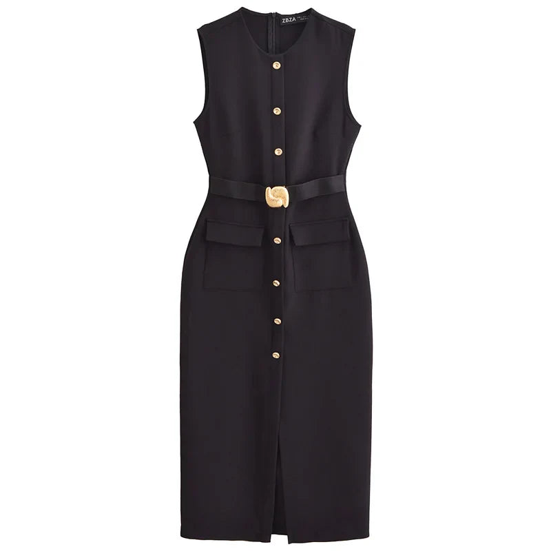 Elegant Black Long Summer Dress with Sleeveless Design, Button-Up Front, Belted Waist, Perfect for Evening and Casual Occasions