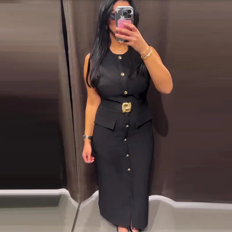 Elegant Black Long Summer Dress with Sleeveless Design, Button-Up Front, Belted Waist, Perfect for Evening and Casual Occasions