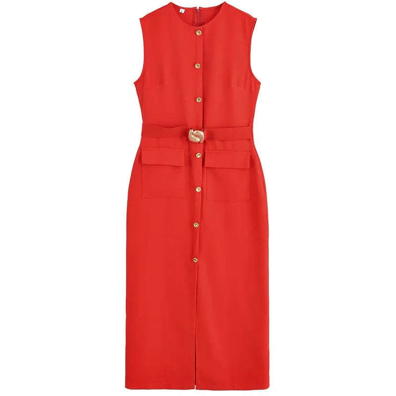 Elegant Black Long Summer Dress with Sleeveless Design, Button-Up Front, Belted Waist, Perfect for Evening and Casual Occasions