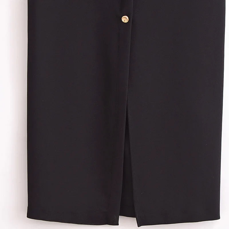 Elegant Black Long Summer Dress with Sleeveless Design, Button-Up Front, Belted Waist, Perfect for Evening and Casual Occasions