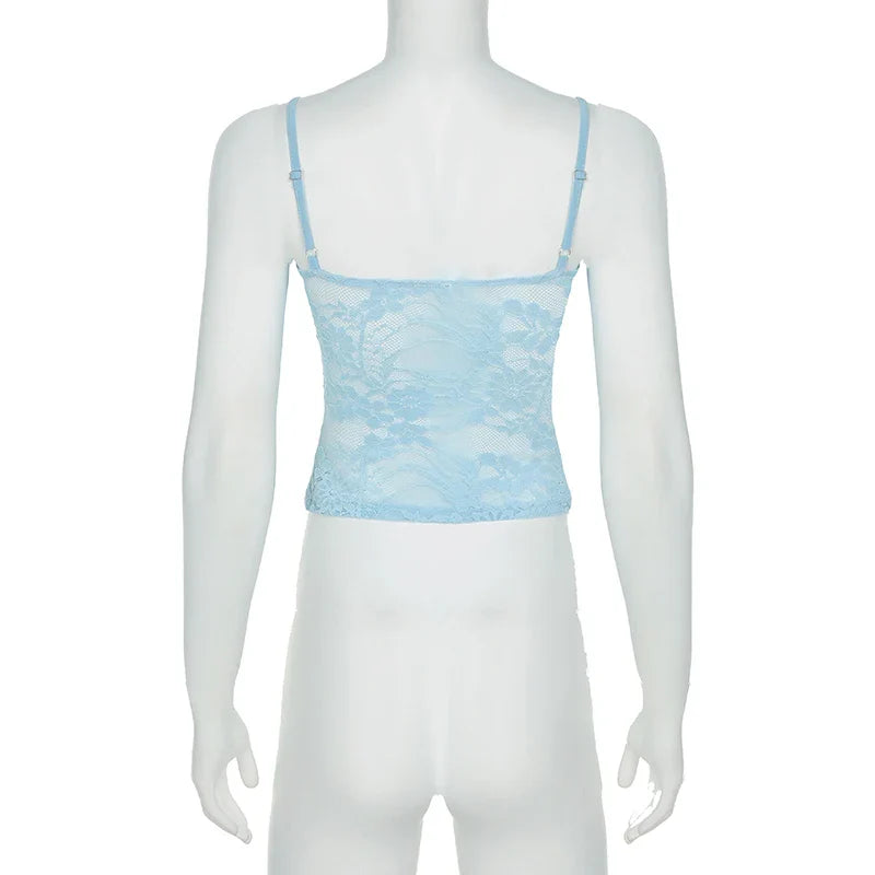 Solid Patchwork Lace Two Piece Dress Set Sleeveless Camisole Top with Low Waist Sheer Maxi Skirt Beach Style Holiday Outfit