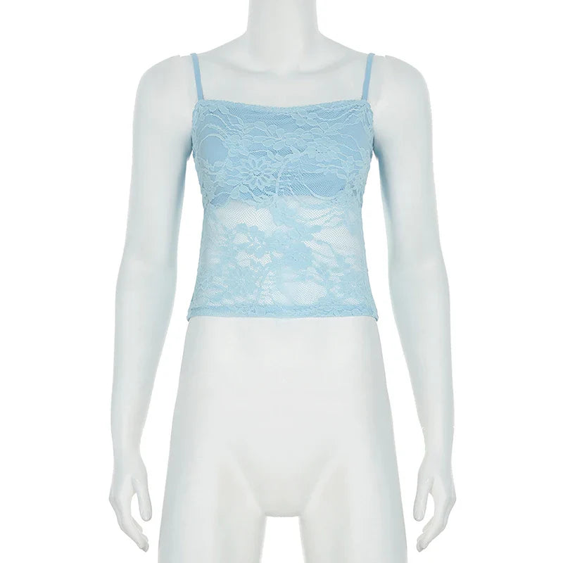 Solid Patchwork Lace Two Piece Dress Set Sleeveless Camisole Top with Low Waist Sheer Maxi Skirt Beach Style Holiday Outfit