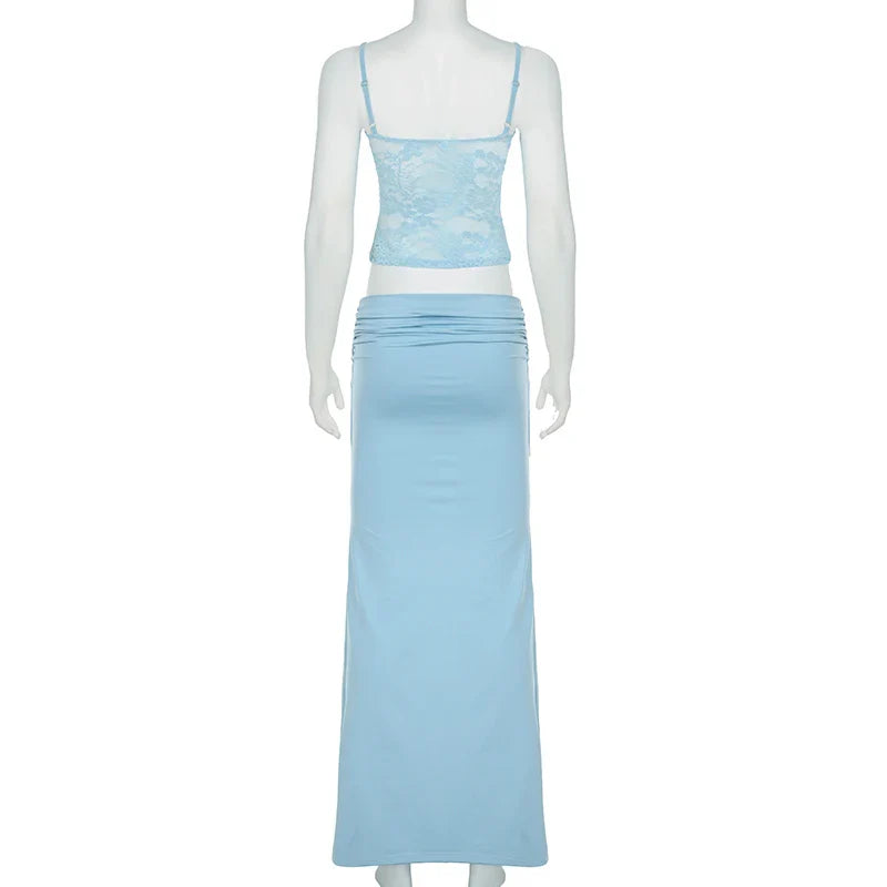 Solid Patchwork Lace Two Piece Dress Set Sleeveless Camisole Top with Low Waist Sheer Maxi Skirt Beach Style Holiday Outfit