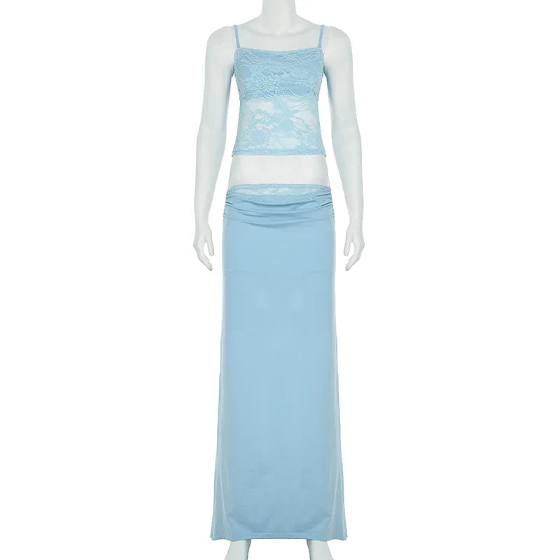 Solid Patchwork Lace Two Piece Dress Set Sleeveless Camisole Top with Low Waist Sheer Maxi Skirt Beach Style Holiday Outfit