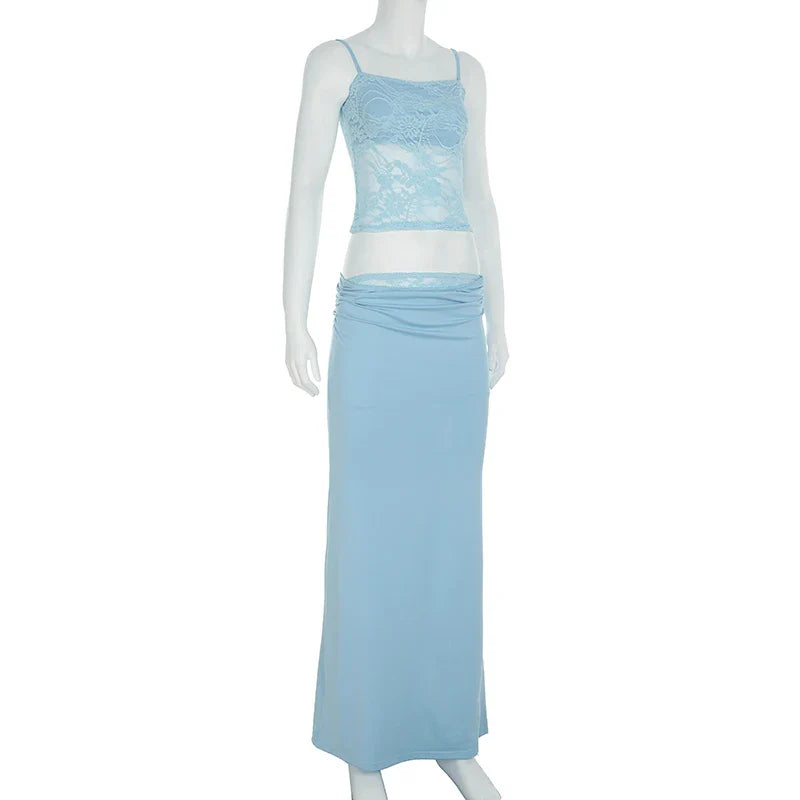 Solid Patchwork Lace Two Piece Dress Set Sleeveless Camisole Top with Low Waist Sheer Maxi Skirt Beach Style Holiday Outfit