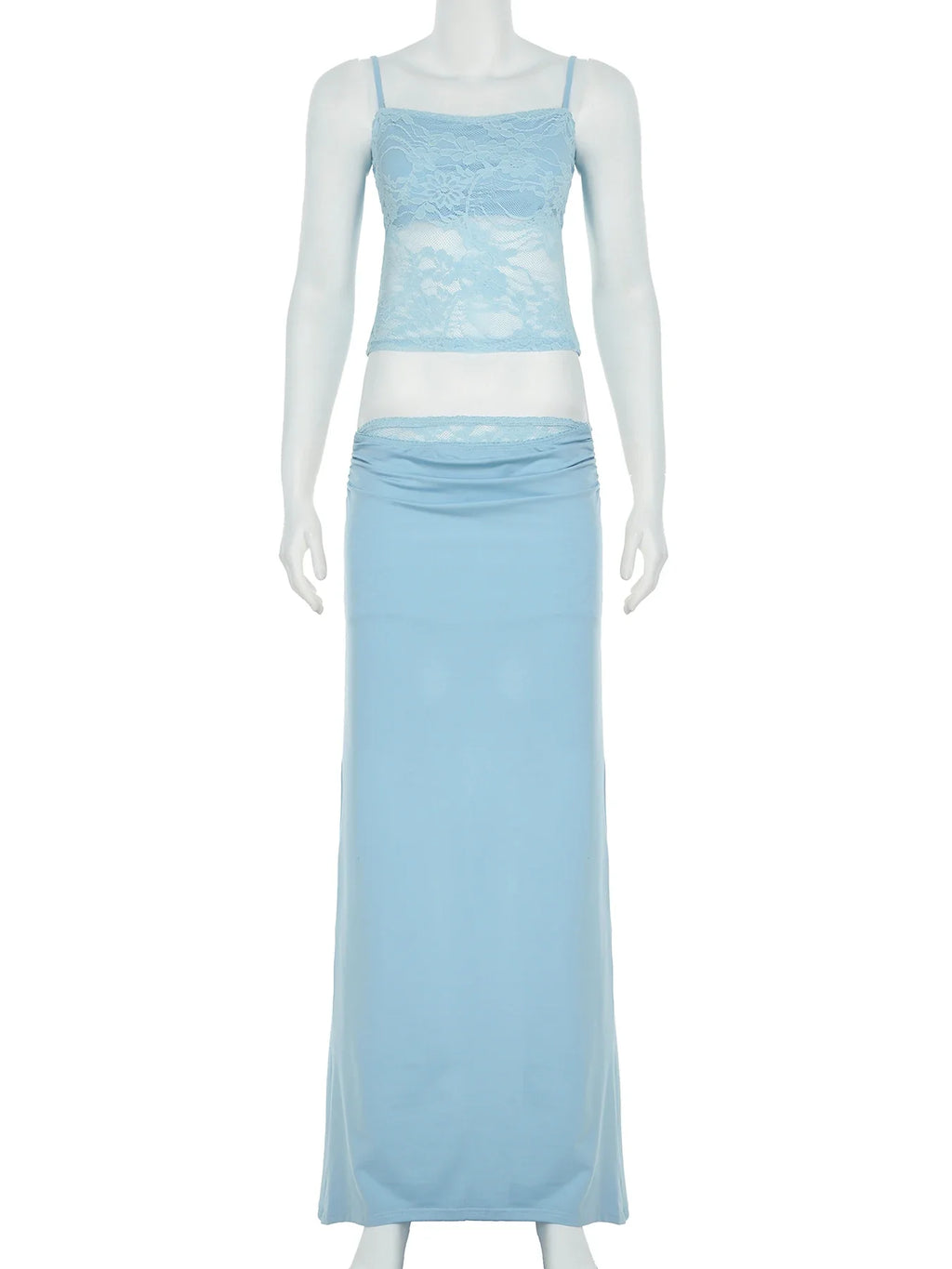 Solid Patchwork Lace Two Piece Dress Set Sleeveless Camisole Top with Low Waist Sheer Maxi Skirt Beach Style Holiday Outfit