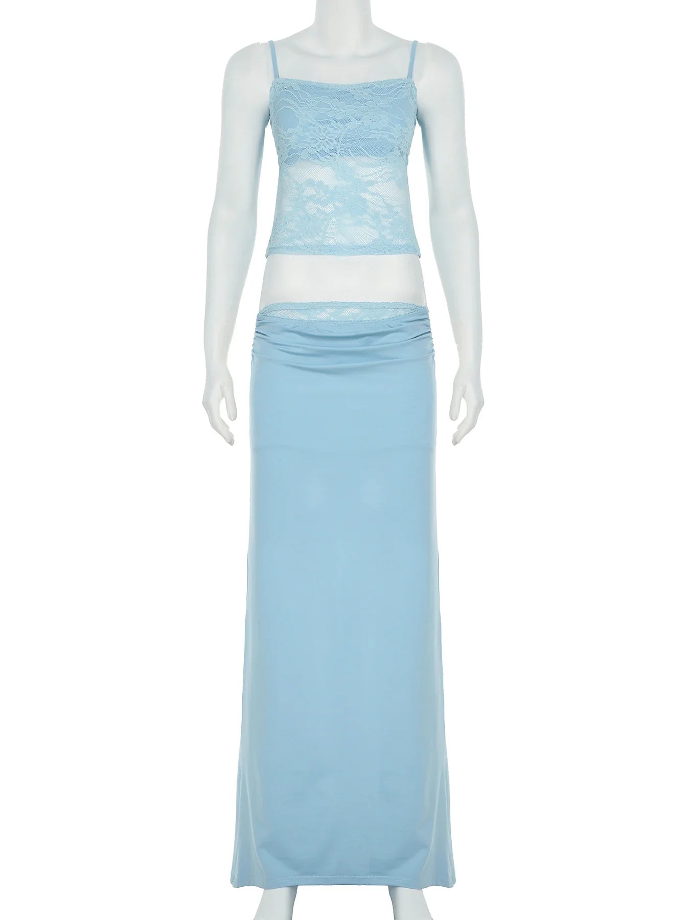 Solid Patchwork Lace Two Piece Dress Set Sleeveless Camisole Top with Low Waist Sheer Maxi Skirt Beach Style Holiday Outfit