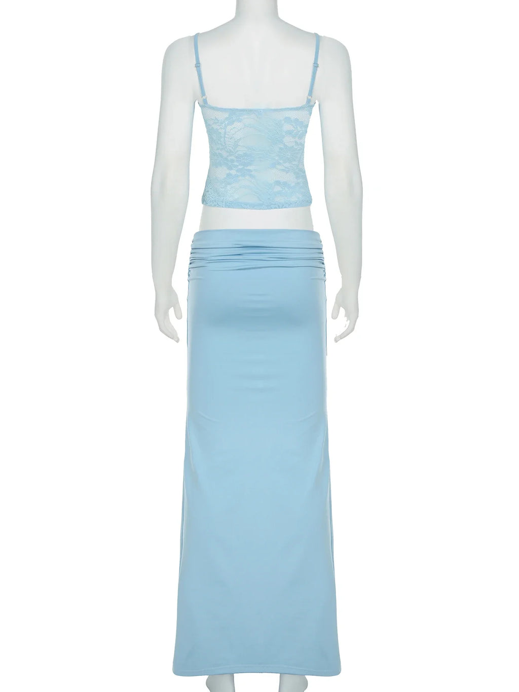 Solid Patchwork Lace Two Piece Dress Set Sleeveless Camisole Top with Low Waist Sheer Maxi Skirt Beach Style Holiday Outfit