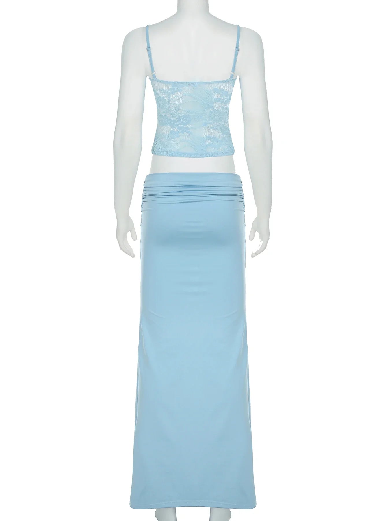 Solid Patchwork Lace Two Piece Dress Set Sleeveless Camisole Top with Low Waist Sheer Maxi Skirt Beach Style Holiday Outfit