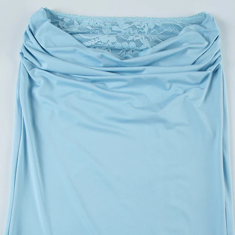 Solid Patchwork Lace Two Piece Dress Set Sleeveless Camisole Top with Low Waist Sheer Maxi Skirt Beach Style Holiday Outfit