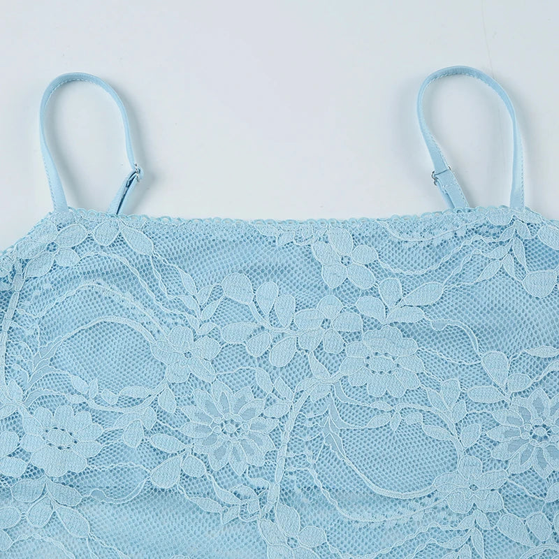 Solid Patchwork Lace Two Piece Dress Set Sleeveless Camisole Top with Low Waist Sheer Maxi Skirt Beach Style Holiday Outfit