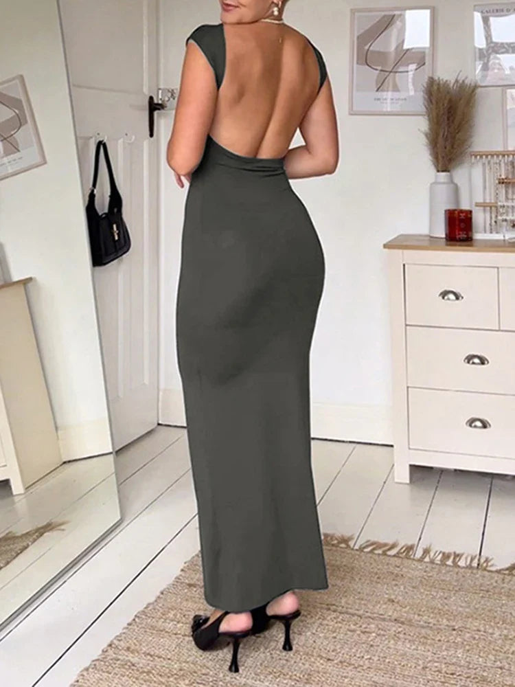 Elegant Basic Solid Backless Maxi Dress for Women Casual O-Neck Sleeveless Summer Dress