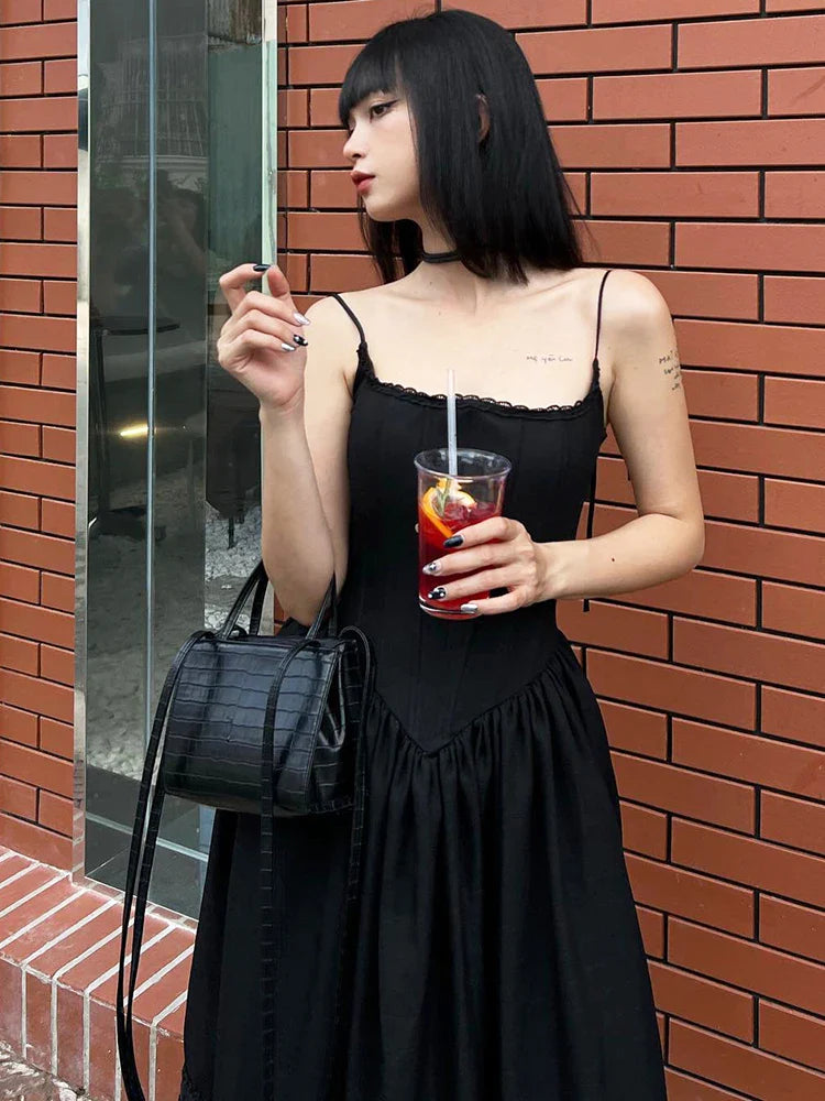 Elegant Casual Solid Lace Trim A-Line Maxi Dress with Slash Neck and Sleeveless Design for Summer Ladies