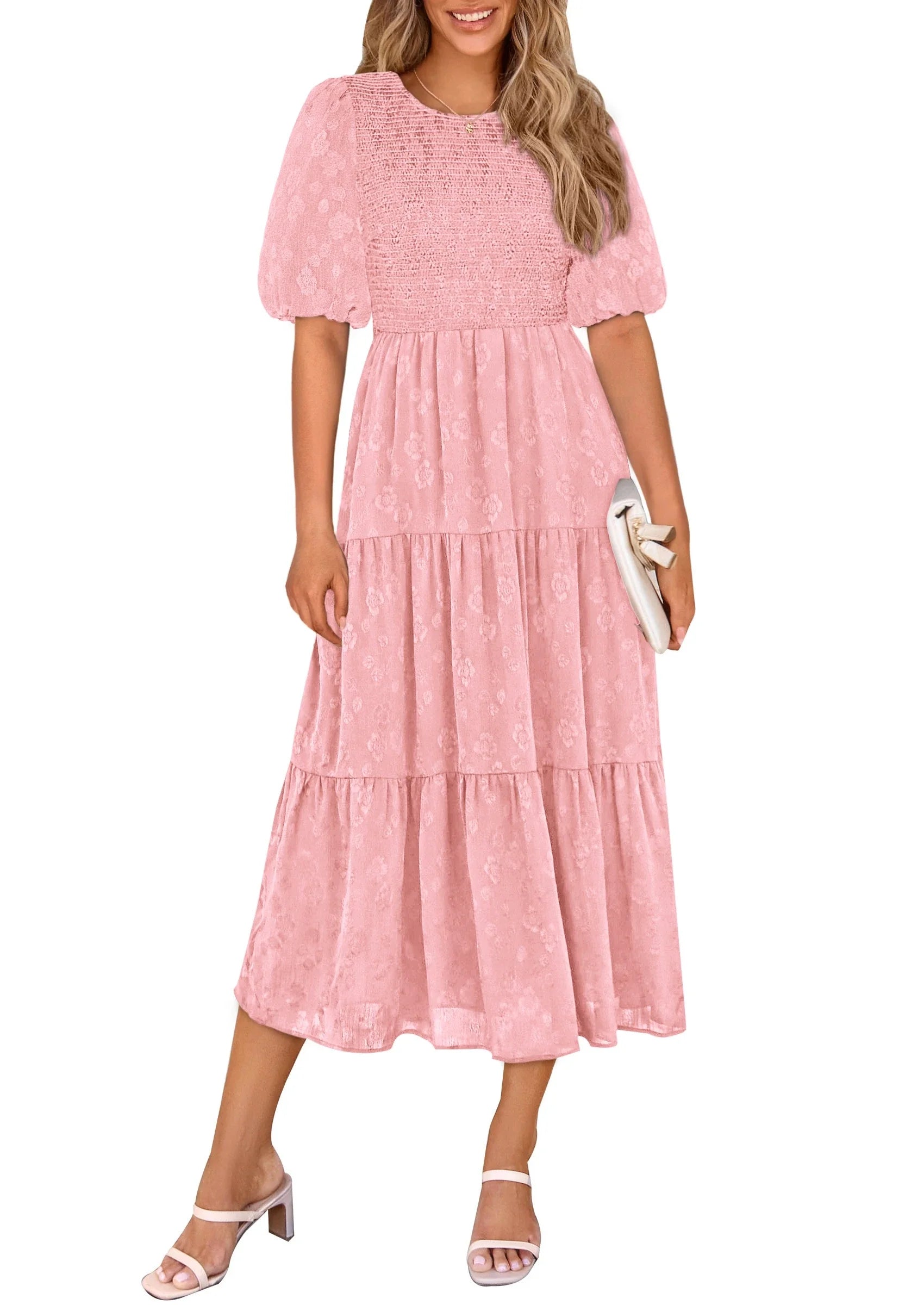 Women's Chiffon Dress for Summer Casual Wear with Short Sleeves Round Neck and Long One Line Style