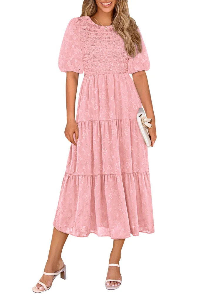 Women's Chiffon Dress for Summer Casual Wear with Short Sleeves Round Neck and Long One Line Style