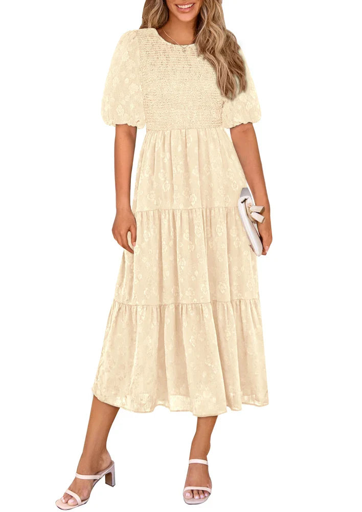Women's Chiffon Dress for Summer Casual Wear with Short Sleeves Round Neck and Long One Line Style