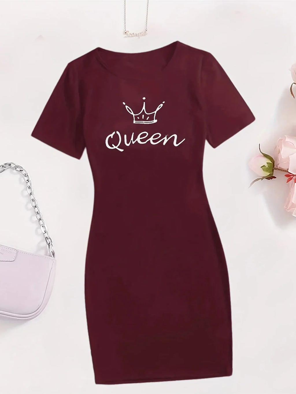 Queen Print Casual Loungewear Tee Dress with Short Sleeves and Summer Comfort for Women