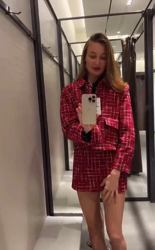 Elegant Women's Tweed 2-Piece Set with O-Neck Button Jacket and Sheath Mini Skirt Autumn Outfit