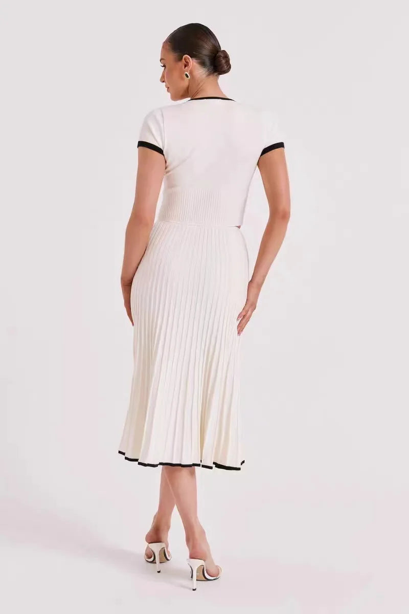 Summer Knit Patchwork Two Piece Set for Women Slim Fit Crop Top and Long A-line Pleated Skirt Matching Knitwear Outfit