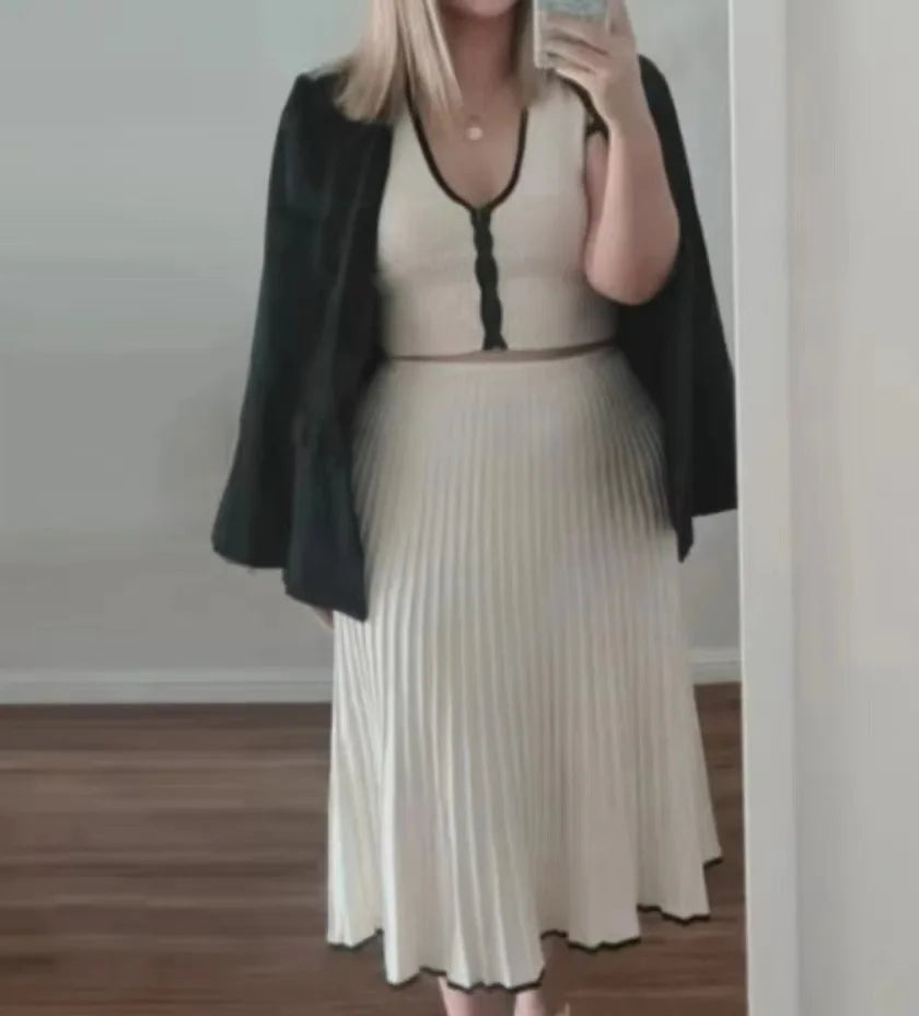 Summer Knit Patchwork Two Piece Set for Women Slim Fit Crop Top and Long A-line Pleated Skirt Matching Knitwear Outfit