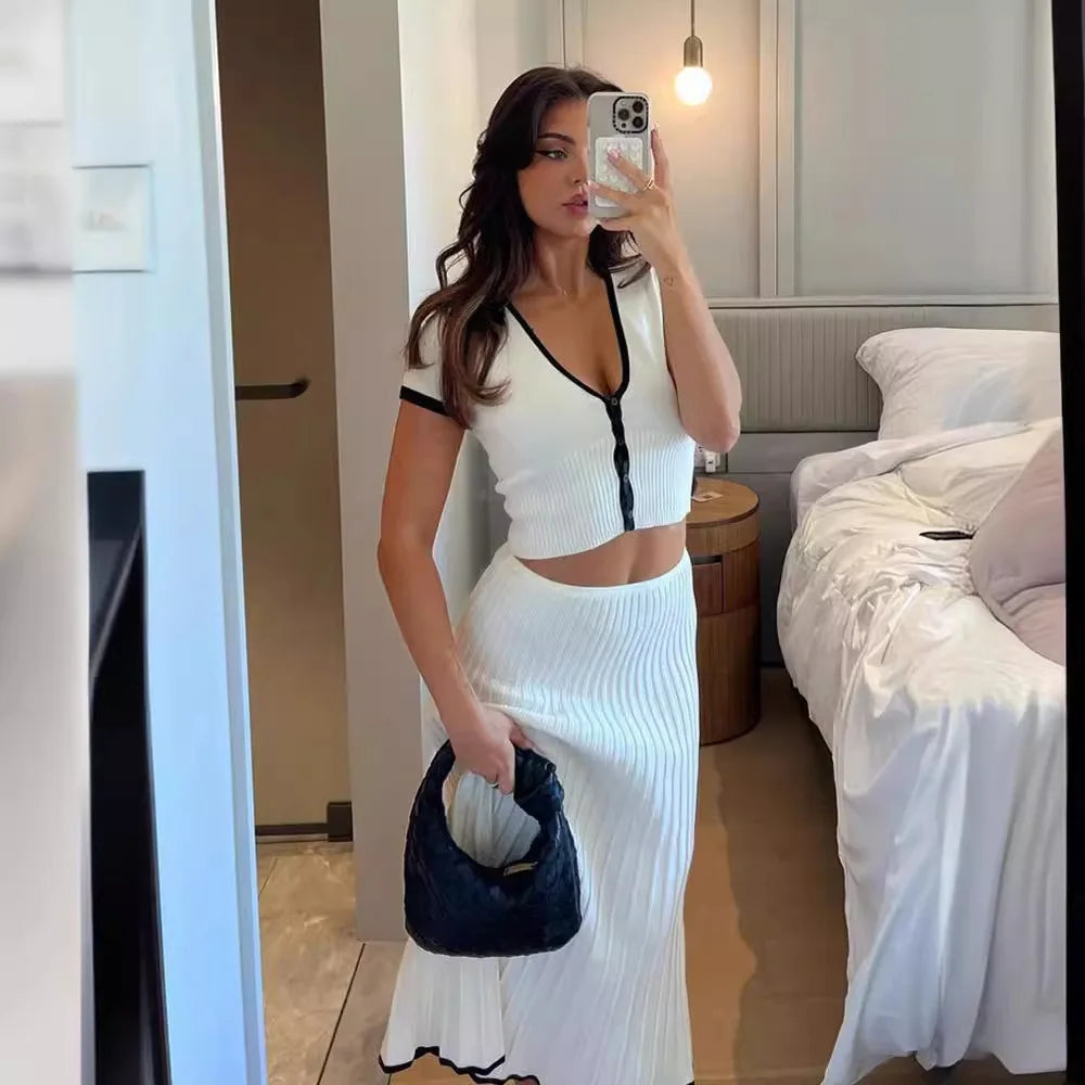 Summer Knit Patchwork Two Piece Set for Women Slim Fit Crop Top and Long A-line Pleated Skirt Matching Knitwear Outfit
