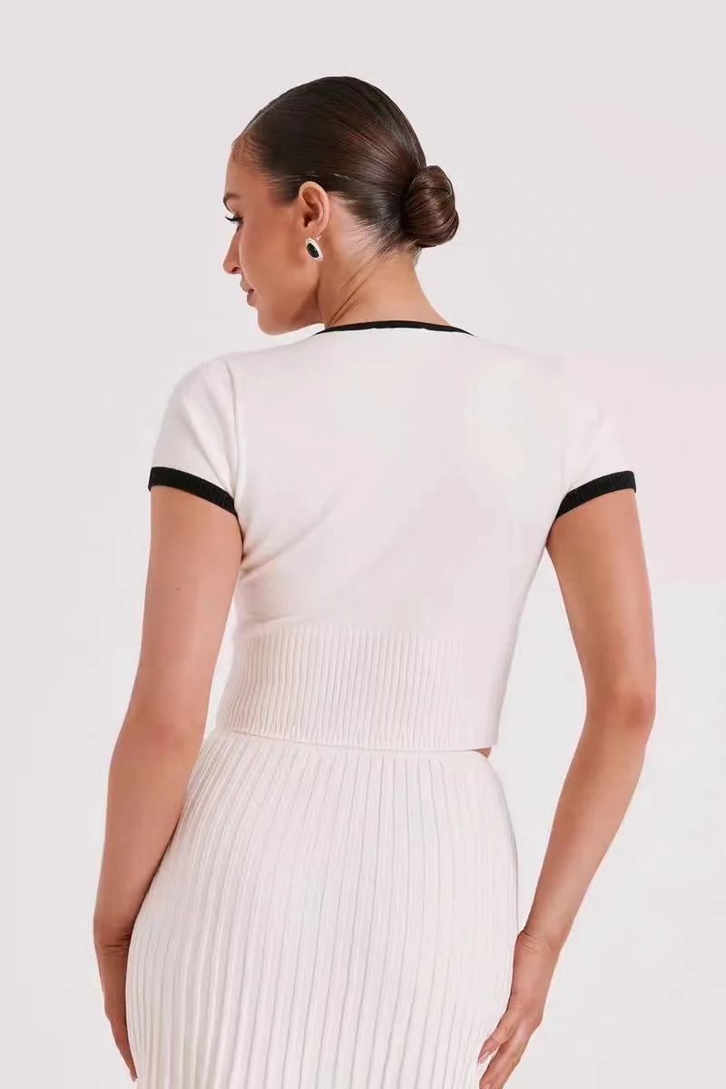 Summer Knit Patchwork Two Piece Set for Women Slim Fit Crop Top and Long A-line Pleated Skirt Matching Knitwear Outfit