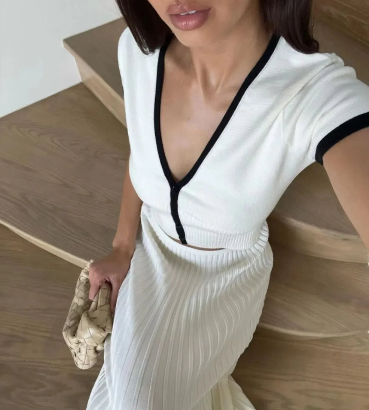 Summer Knit Patchwork Two Piece Set for Women Slim Fit Crop Top and Long A-line Pleated Skirt Matching Knitwear Outfit