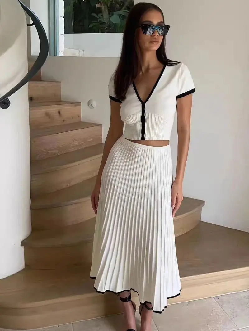 Summer Knit Patchwork Two Piece Set for Women Slim Fit Crop Top and Long A-line Pleated Skirt Matching Knitwear Outfit