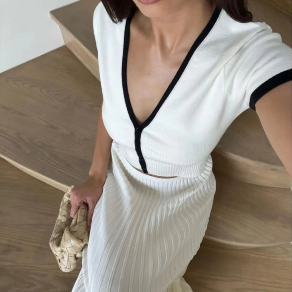 Summer Knit Patchwork Two Piece Set for Women Slim Fit Crop Top and Long A-line Pleated Skirt Matching Knitwear Outfit