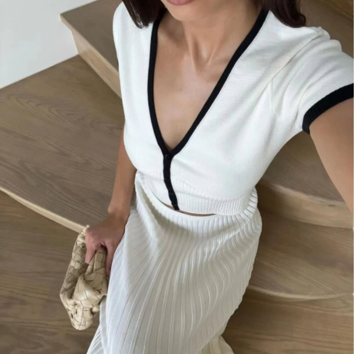 Summer Knit Patchwork Two Piece Set for Women Slim Fit Crop Top and Long A-line Pleated Skirt Matching Knitwear Outfit