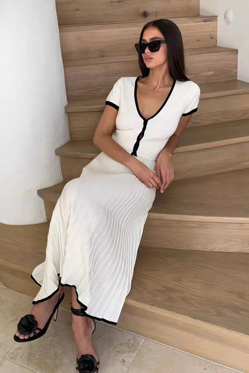 Summer Knit Patchwork Two Piece Set for Women Slim Fit Crop Top and Long A-line Pleated Skirt Matching Knitwear Outfit