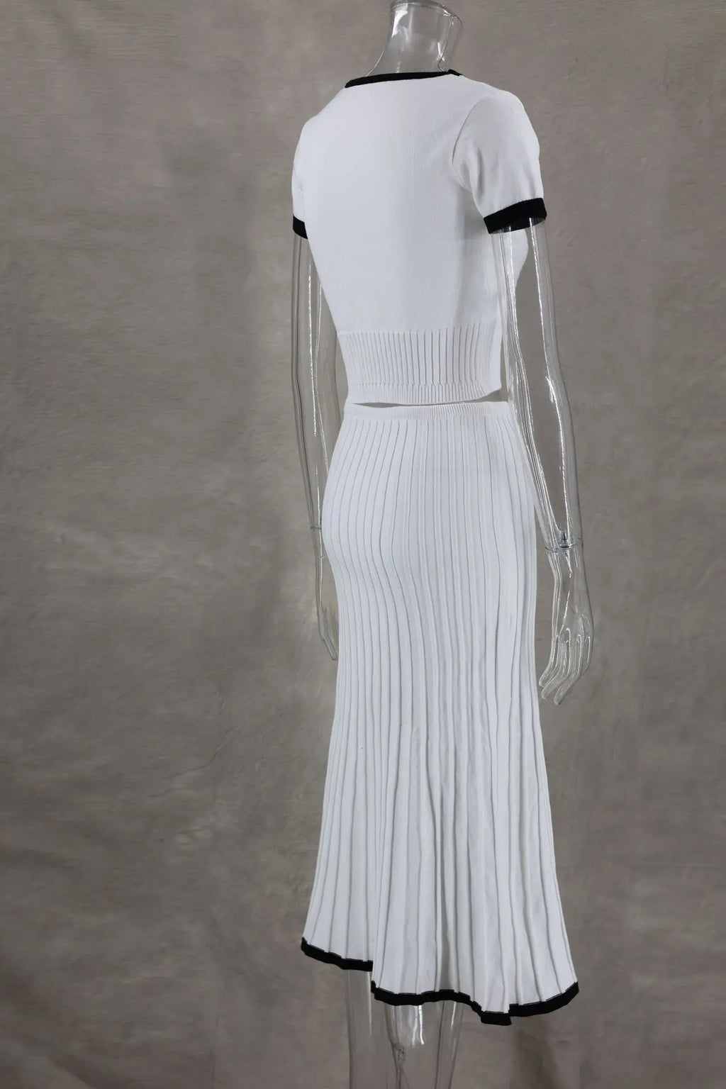 Summer Knit Patchwork Two Piece Set for Women Slim Fit Crop Top and Long A-line Pleated Skirt Matching Knitwear Outfit