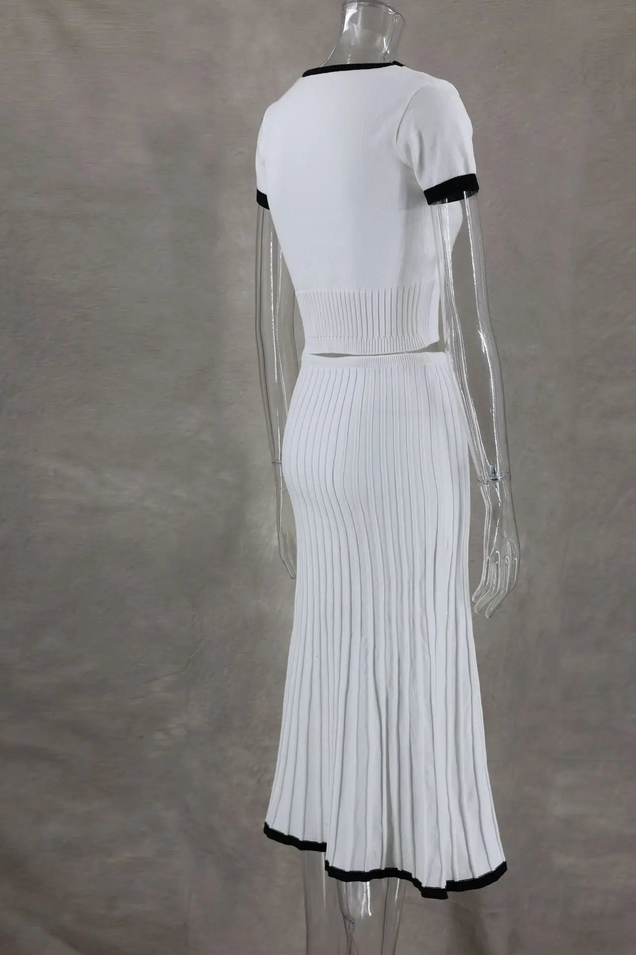 Summer Knit Patchwork Two Piece Set for Women Slim Fit Crop Top and Long A-line Pleated Skirt Matching Knitwear Outfit