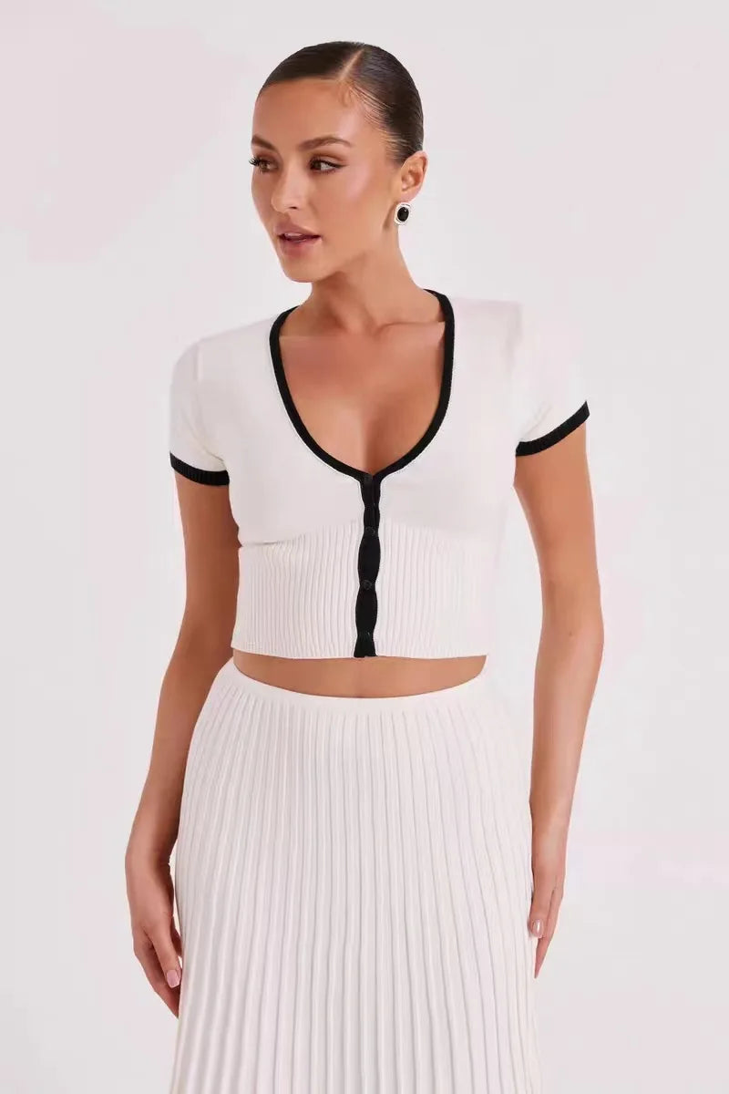 Summer Knit Patchwork Two Piece Set for Women Slim Fit Crop Top and Long A-line Pleated Skirt Matching Knitwear Outfit