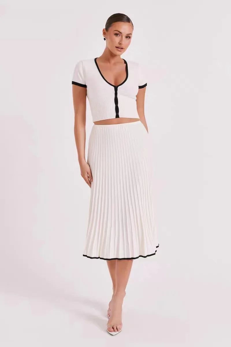 Summer Knit Patchwork Two Piece Set for Women Slim Fit Crop Top and Long A-line Pleated Skirt Matching Knitwear Outfit