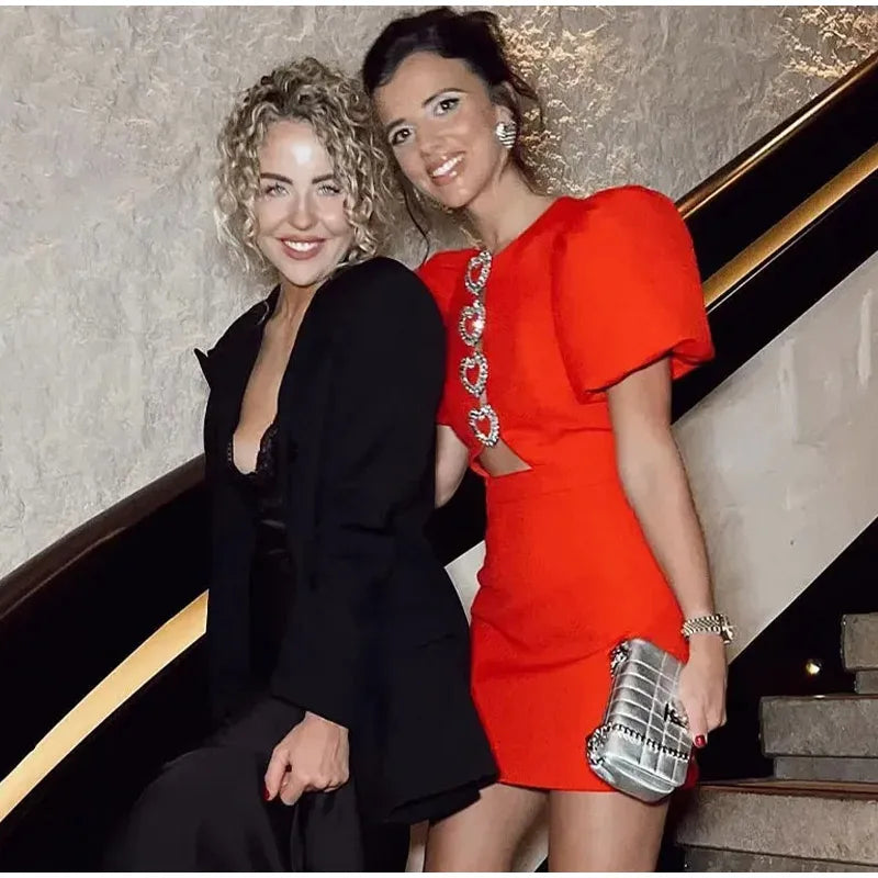 Bow Hollow Out Red Black Mini Dress for Women Sexy Puff Sleeve O Neck Party Dress Elegant Shiny Robe