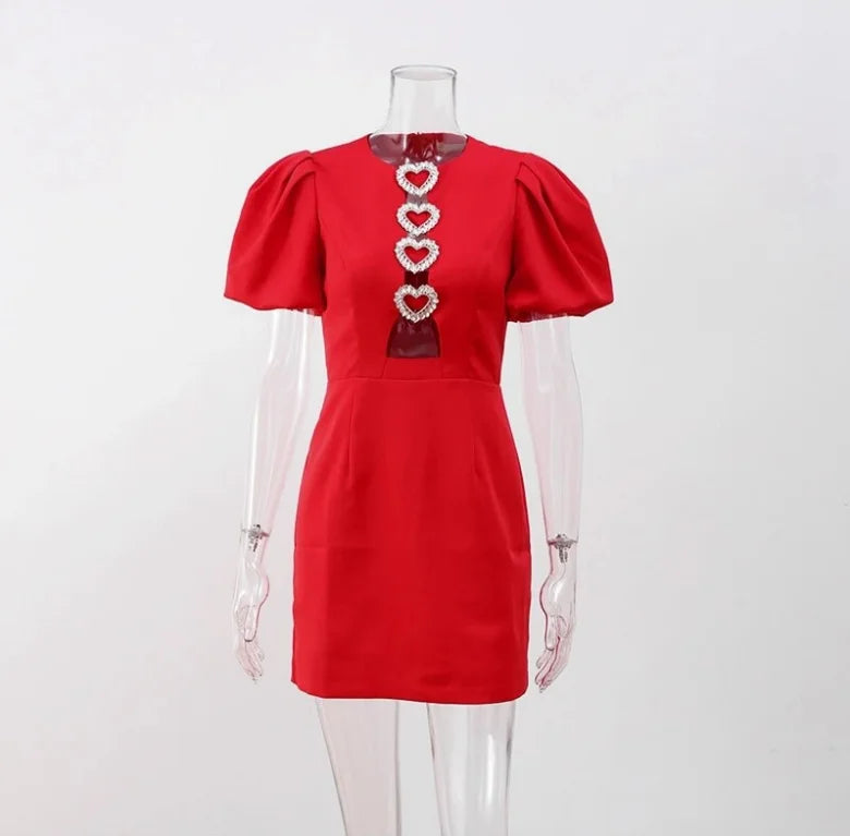 Bow Hollow Out Red Black Mini Dress for Women Sexy Puff Sleeve O Neck Party Dress Elegant Shiny Robe