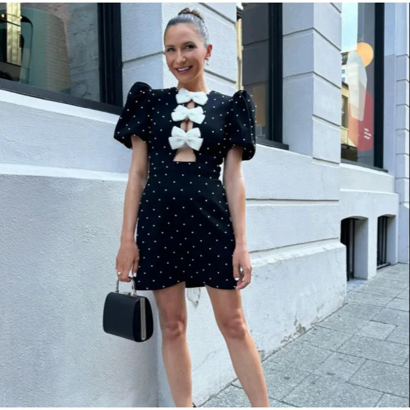 Bow Hollow Out Red Black Mini Dress for Women Sexy Puff Sleeve O Neck Party Dress Elegant Shiny Robe