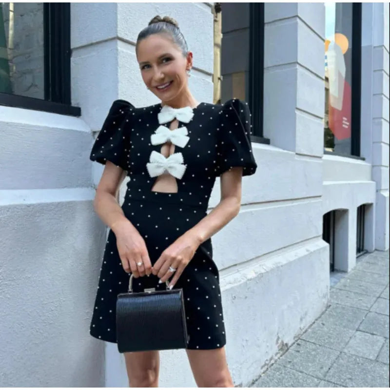 Bow Hollow Out Red Black Mini Dress for Women Sexy Puff Sleeve O Neck Party Dress Elegant Shiny Robe