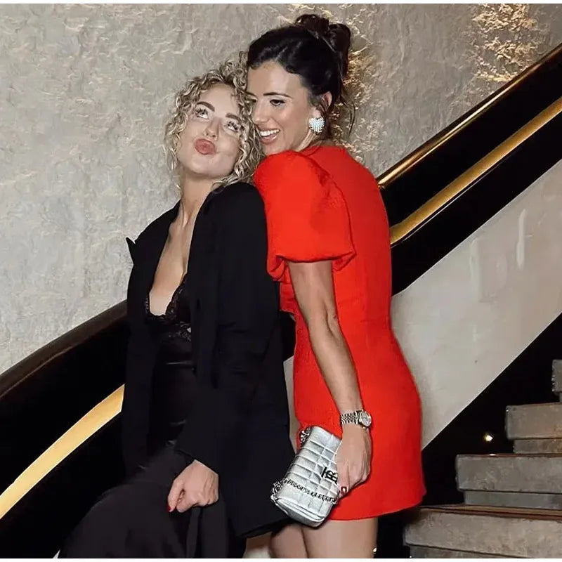 Bow Hollow Out Red Black Mini Dress for Women Sexy Puff Sleeve O Neck Party Dress Elegant Shiny Robe