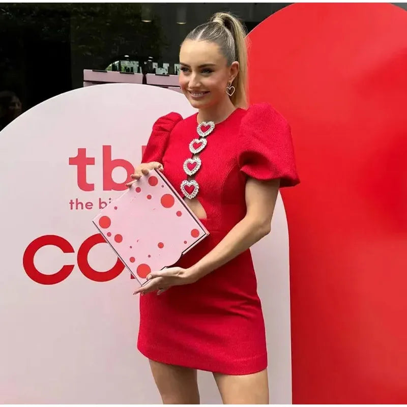 Bow Hollow Out Red Black Mini Dress for Women Sexy Puff Sleeve O Neck Party Dress Elegant Shiny Robe