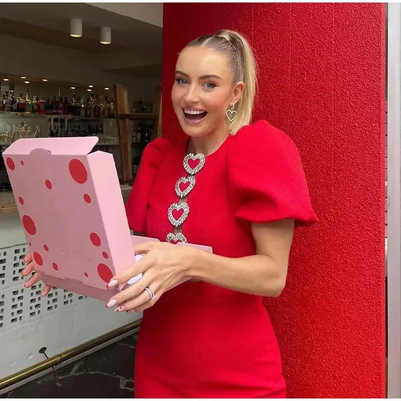 Bow Hollow Out Red Black Mini Dress for Women Sexy Puff Sleeve O Neck Party Dress Elegant Shiny Robe