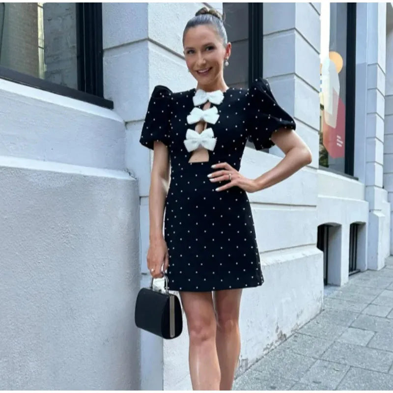 Bow Hollow Out Red Black Mini Dress for Women Sexy Puff Sleeve O Neck Party Dress Elegant Shiny Robe