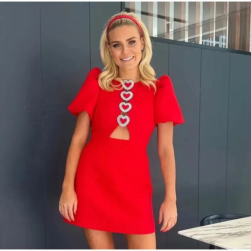 Bow Hollow Out Red Black Mini Dress for Women Sexy Puff Sleeve O Neck Party Dress Elegant Shiny Robe