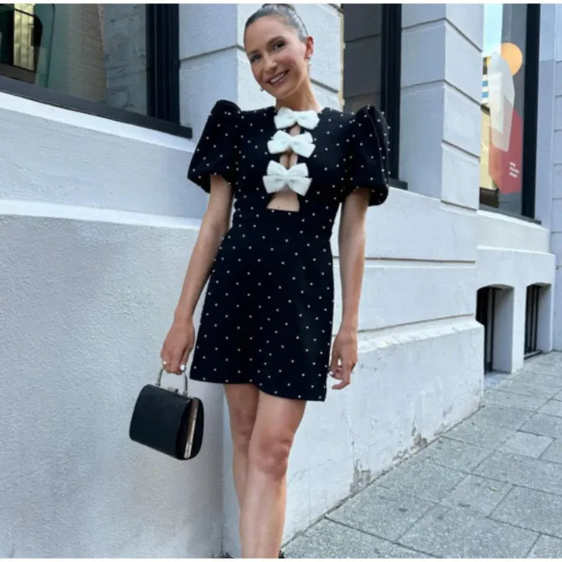 Bow Hollow Out Red Black Mini Dress for Women Sexy Puff Sleeve O Neck Party Dress Elegant Shiny Robe