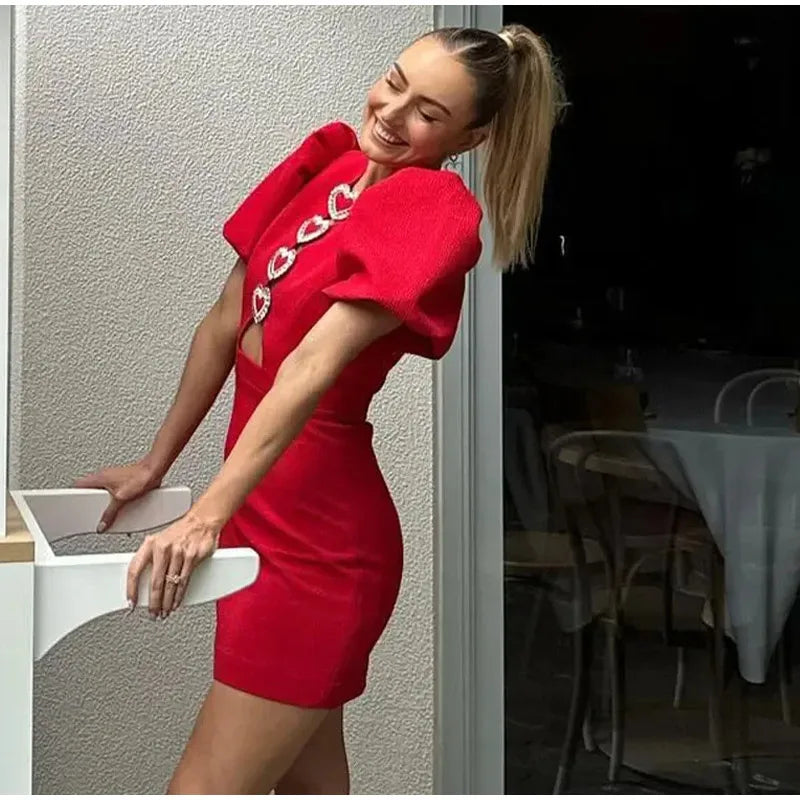 Bow Hollow Out Red Black Mini Dress for Women Sexy Puff Sleeve O Neck Party Dress Elegant Shiny Robe