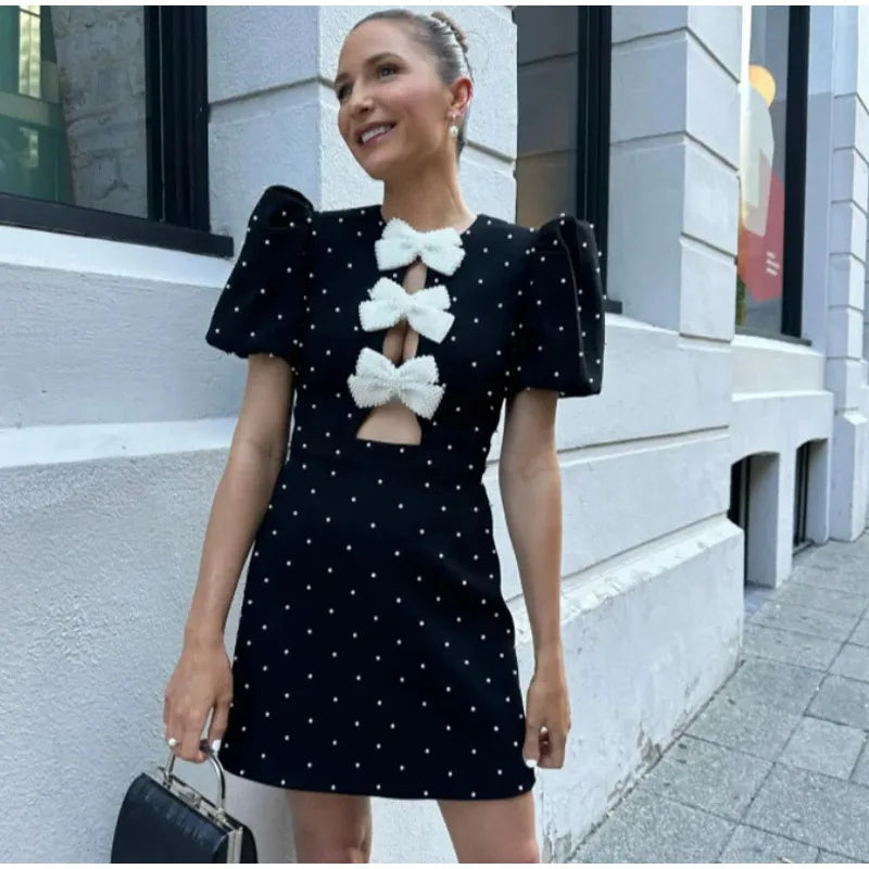Bow Hollow Out Red Black Mini Dress for Women Sexy Puff Sleeve O Neck Party Dress Elegant Shiny Robe