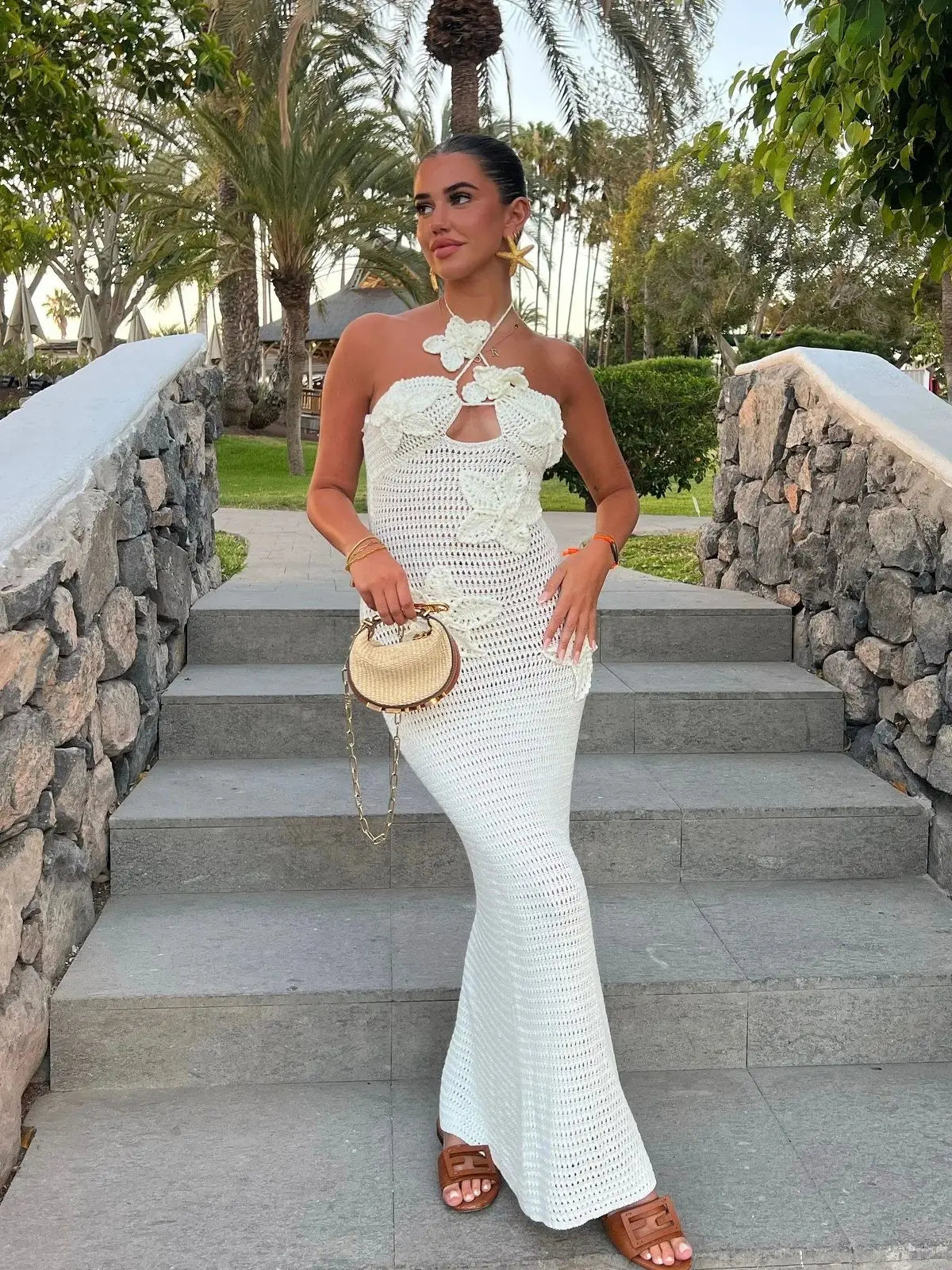 Sexy 3D Flower Knitted Dress for Women Hollow Out Halter Sleeveless Beach Maxi Dress Summer Vacation Ladies Vestidos